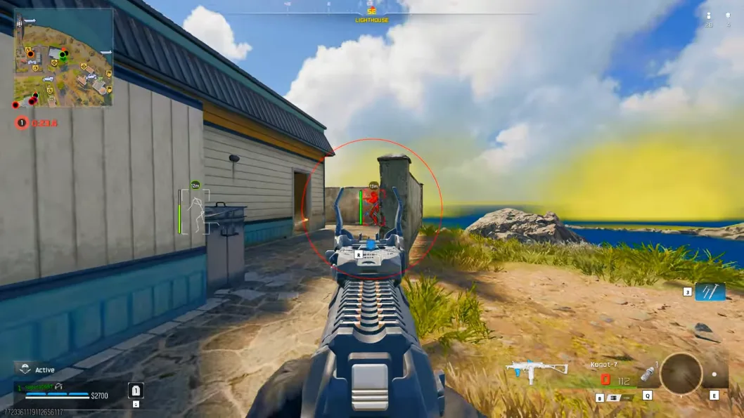 Warzone skeleton ESP wallhack on coastal map near lighthouse